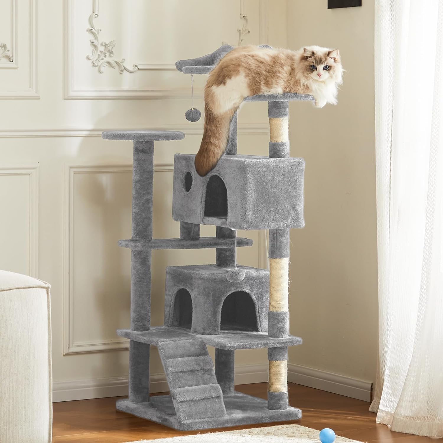 54 Inch Multi Level Cat Tree Tower with Sisal Post, Ladder, and Plush Toys - Image 8 of 11