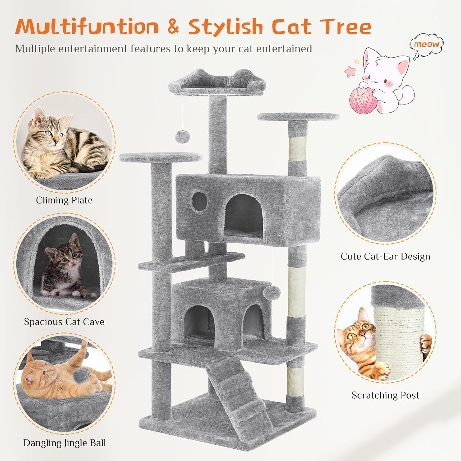 54 Inch Multi Level Cat Tree Tower with Sisal Post, Ladder, and Plush Toys - Detailed View