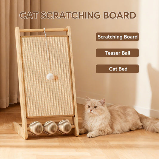 Vertical Sisal Cat Scratcher with Teaser Balls, Wooden Frame - Main Product Image