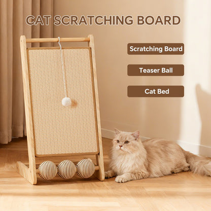 Vertical Sisal Cat Scratcher with Teaser Balls, Wooden Frame - Image 7 of 7