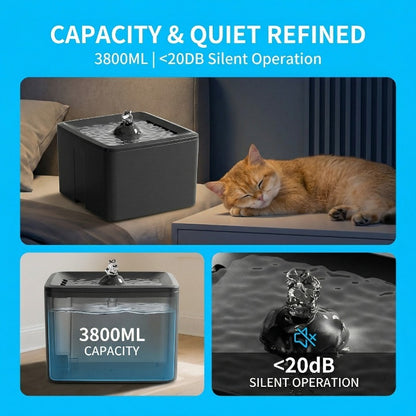 Ultra Silent Pet Water Fountain 3800ML, USB Powered, Easy Clean - Side Angle