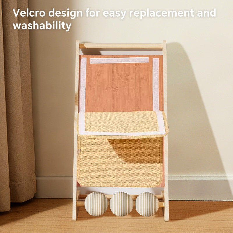 Vertical Sisal Cat Scratcher with Teaser Balls, Wooden Frame - Detailed View