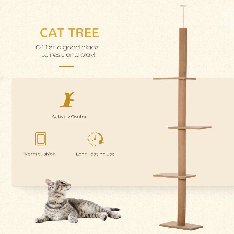 Floor to Ceiling Cat Tree with Sisal Scratching Posts, Natural Activity Center, Brown - Image 7 of 10