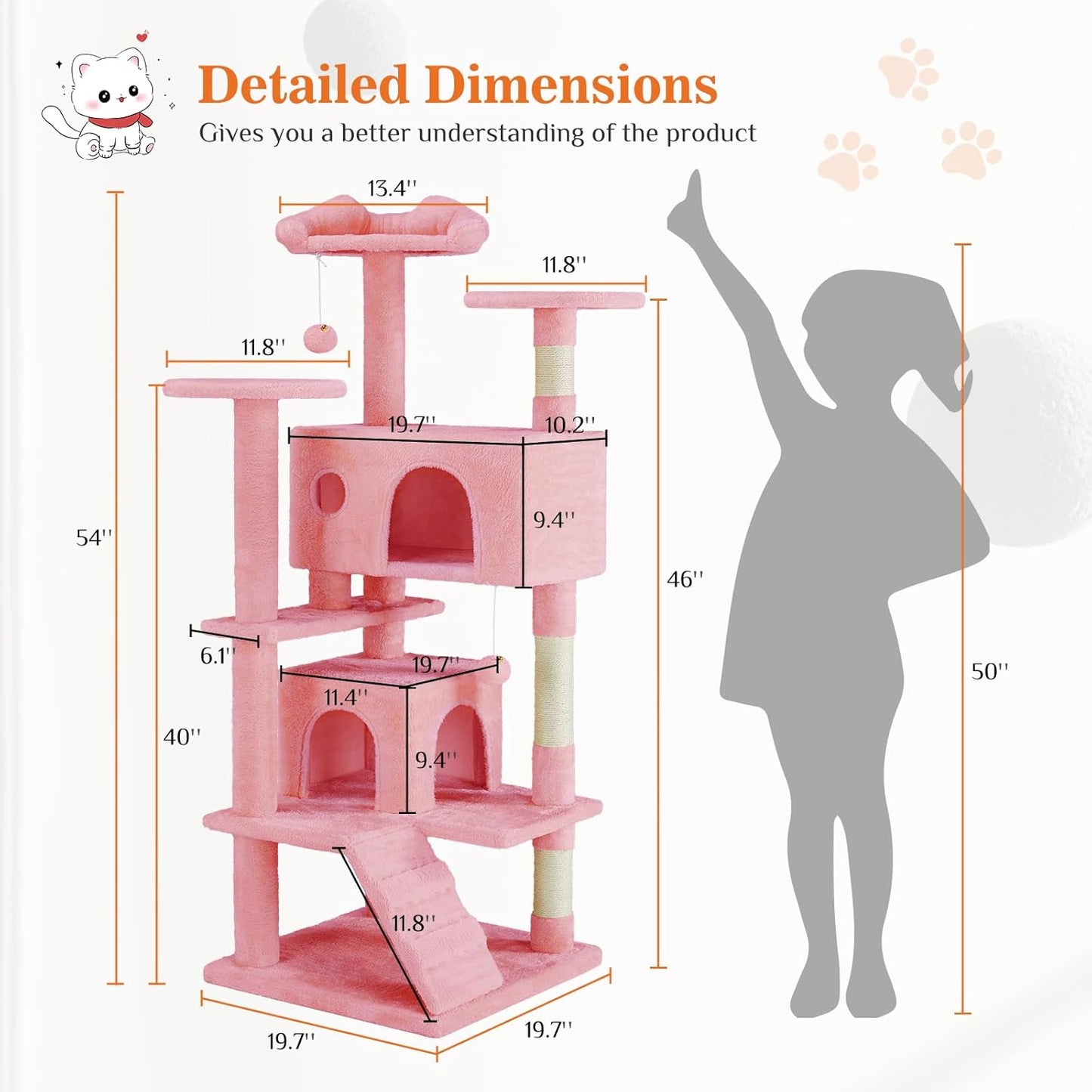 54 Inch Multi Level Cat Tree Tower with Sisal Post, Ladder, and Plush Toys - Image 11 of 11