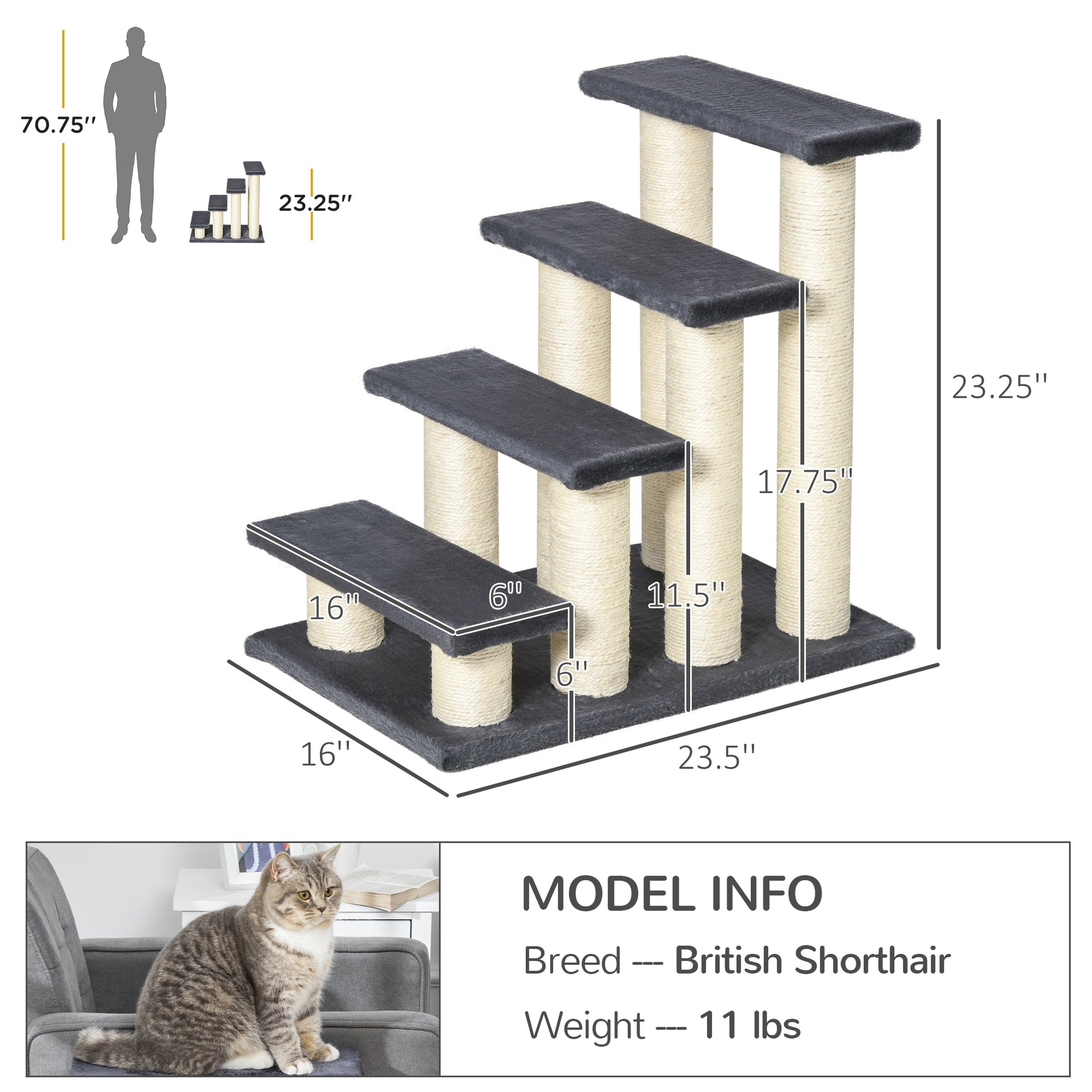 Cat Tree with 4 Steps for High Beds with Sisal Scratching Post - Detailed View
