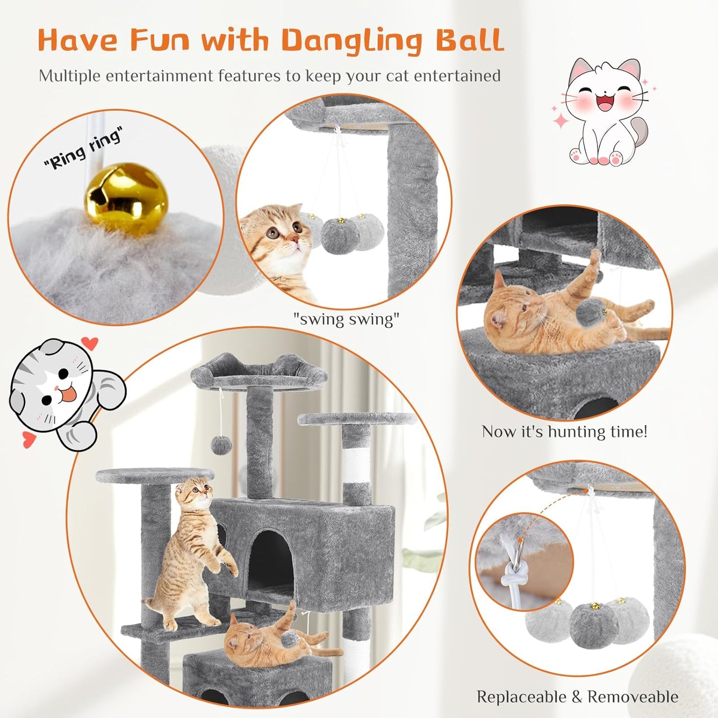 54 Inch Multi Level Cat Tree Tower with Sisal Post, Ladder, and Plush Toys - Size Reference