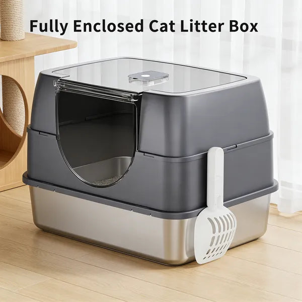 Fully Enclosed Stainless Steel Cat Litter Box, White, Odor Lock, Easy Clean - Size Reference