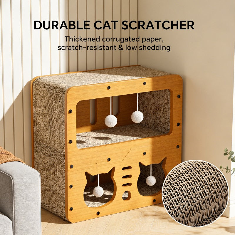 Double Layer Cat Scratcher Sofa with 4 Teaser Balls, Cat Head Design - Detailed View