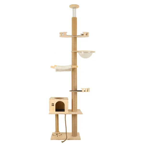 Floor to Ceiling Cat Tree, 6 Level Adjustable Climbing Tower with Hammock - Detailed View