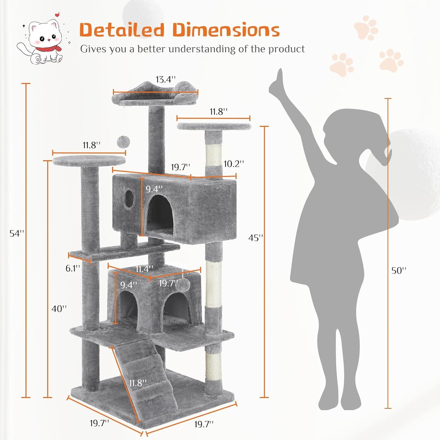 54 Inch Multi Level Cat Tree Tower with Sisal Post, Ladder, and Plush Toys - Image 10 of 11