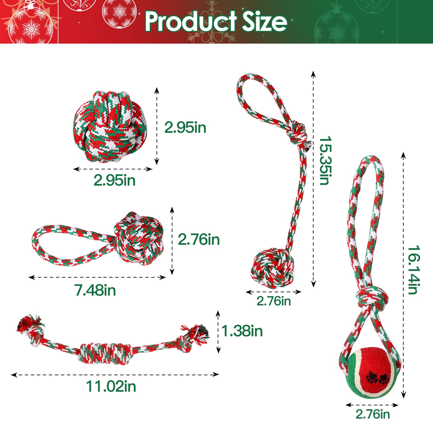 Christmas Dog Rope Toys 5 Piece Set for Chewing and Tug of War - Side Angle