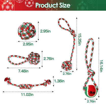 Christmas Dog Rope Toys 5 Piece Set for Chewing and Tug of War - Side Angle