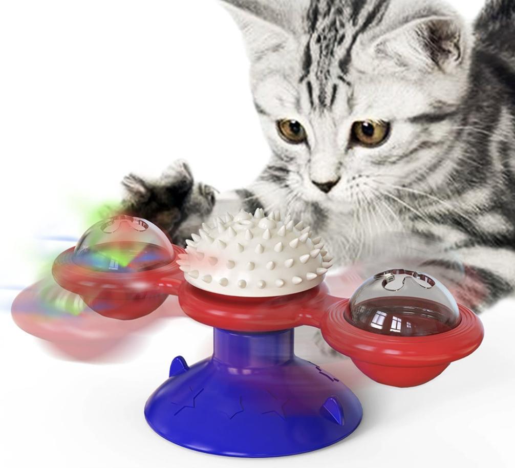 Interactive Windmill Cat Toy with LED Light Ball and Catnip - Features and Details