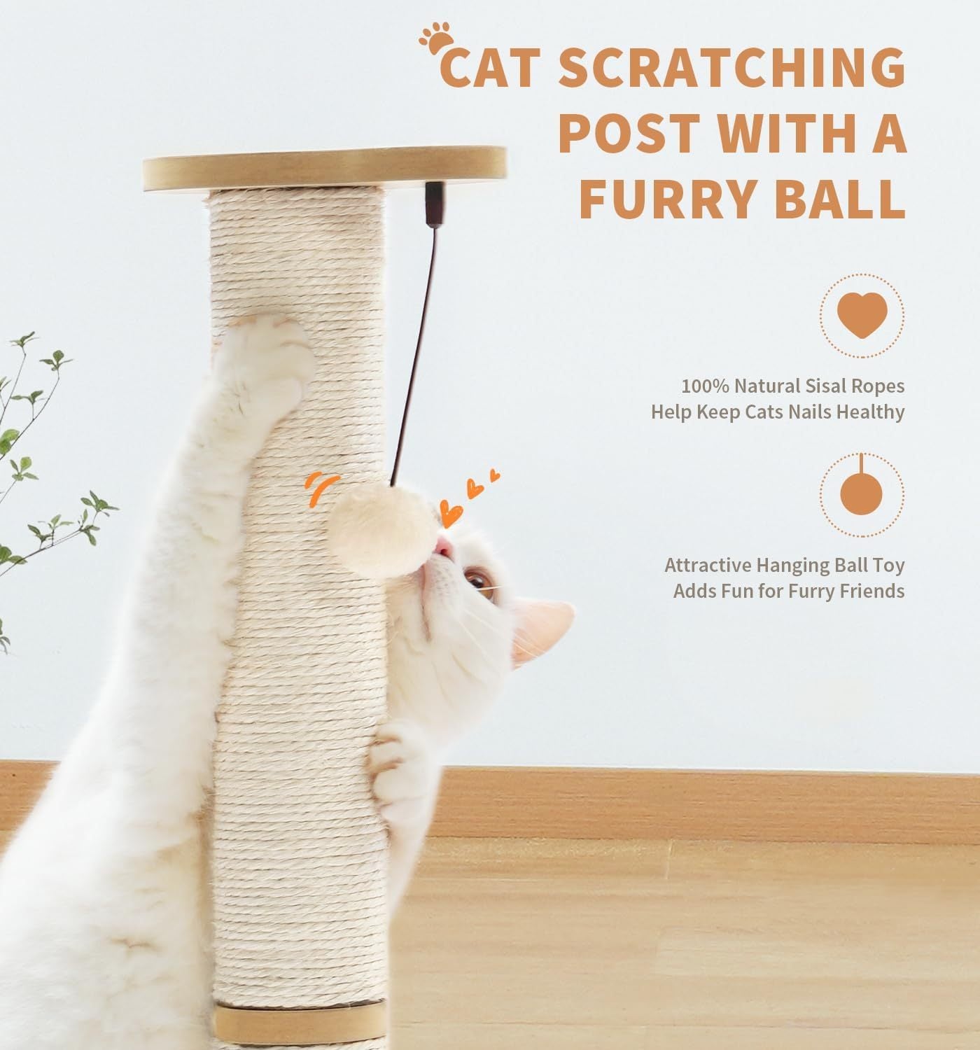 Two Layer Sisal Cat Scratching Post with Ball Track and Hanging Toy - Side Angle