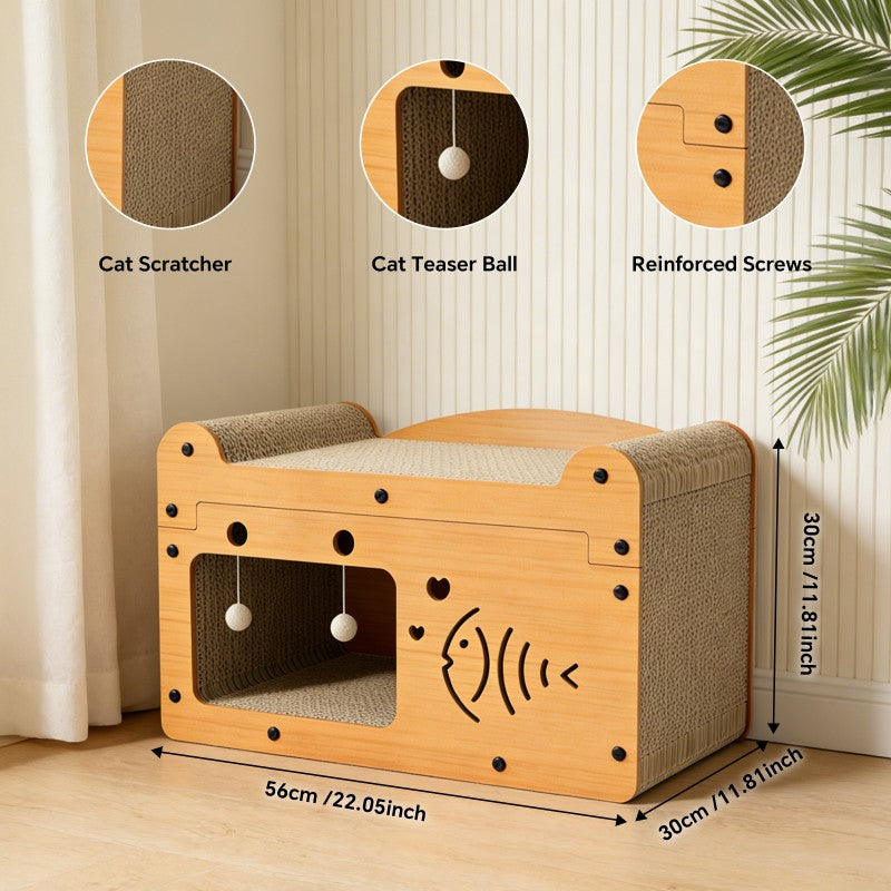 Bubble Fish Cat Scratcher Sofa with 2 Teaser Balls, Corrugated Cardboard - Side Angle