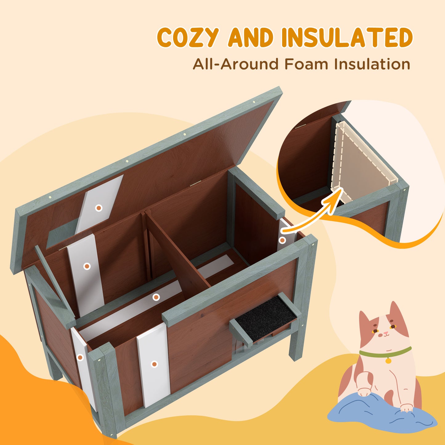 Outdoor Wooden Cat House with Removable Floor, Brown - Detailed View