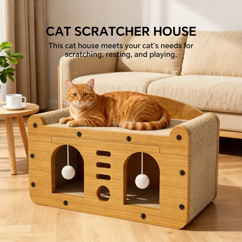 Double Door Cat Scratcher Sofa, 56cm Large Size with 2 Teaser Balls - Side Angle