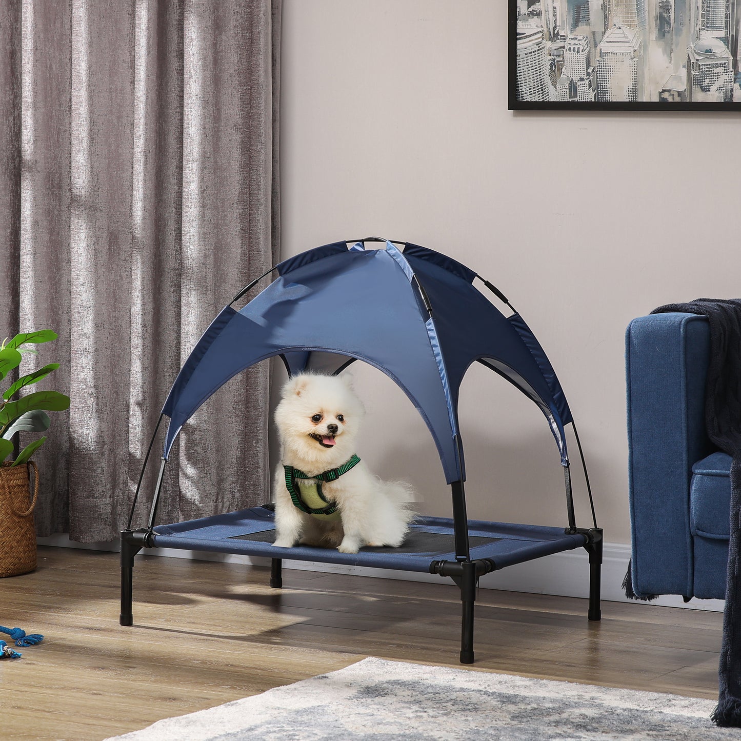Elevated Dog Bed 30 Inch with UV Protection Canopy, Dark Blue - Main Product Image