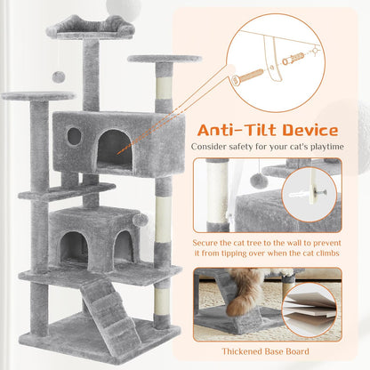 54 Inch Multi Level Cat Tree Tower with Sisal Post, Ladder, and Plush Toys - Side Angle