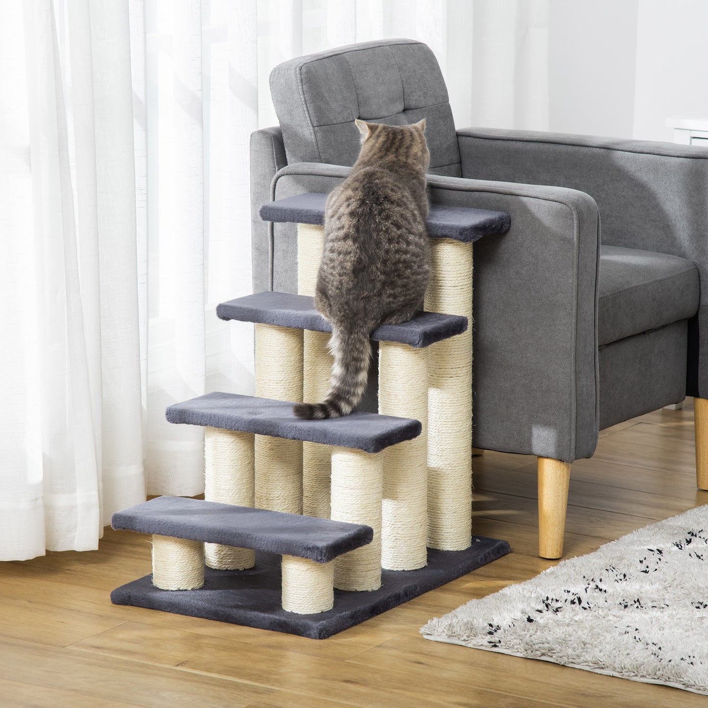 Cat Tree with 4 Steps for High Beds with Sisal Scratching Post - Size Reference
