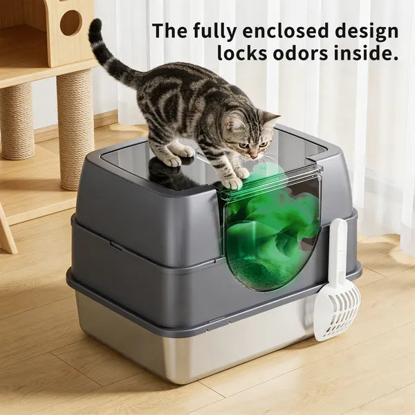 Fully Enclosed Stainless Steel Cat Litter Box, White, Odor Lock, Easy Clean - Detailed View