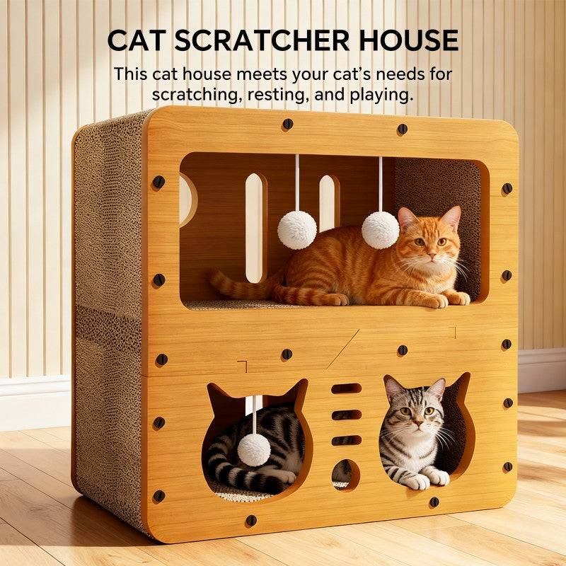 Double Layer Cat Scratcher Sofa with 4 Teaser Balls, Cat Head Design - Image 6 of 7