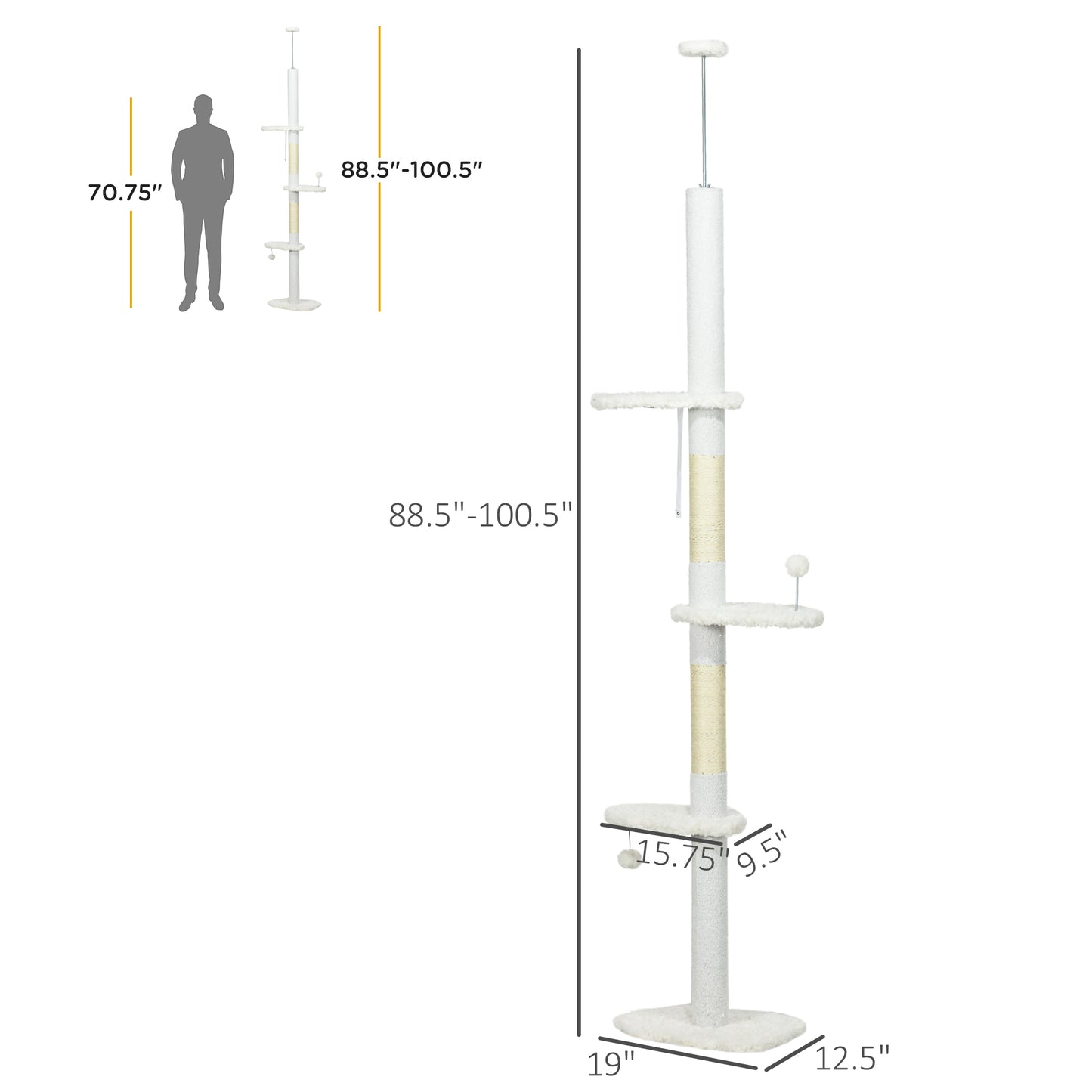 Floor to Ceiling Cat Tree, 8.4 Foot Adjustable Height, White - Features and Details