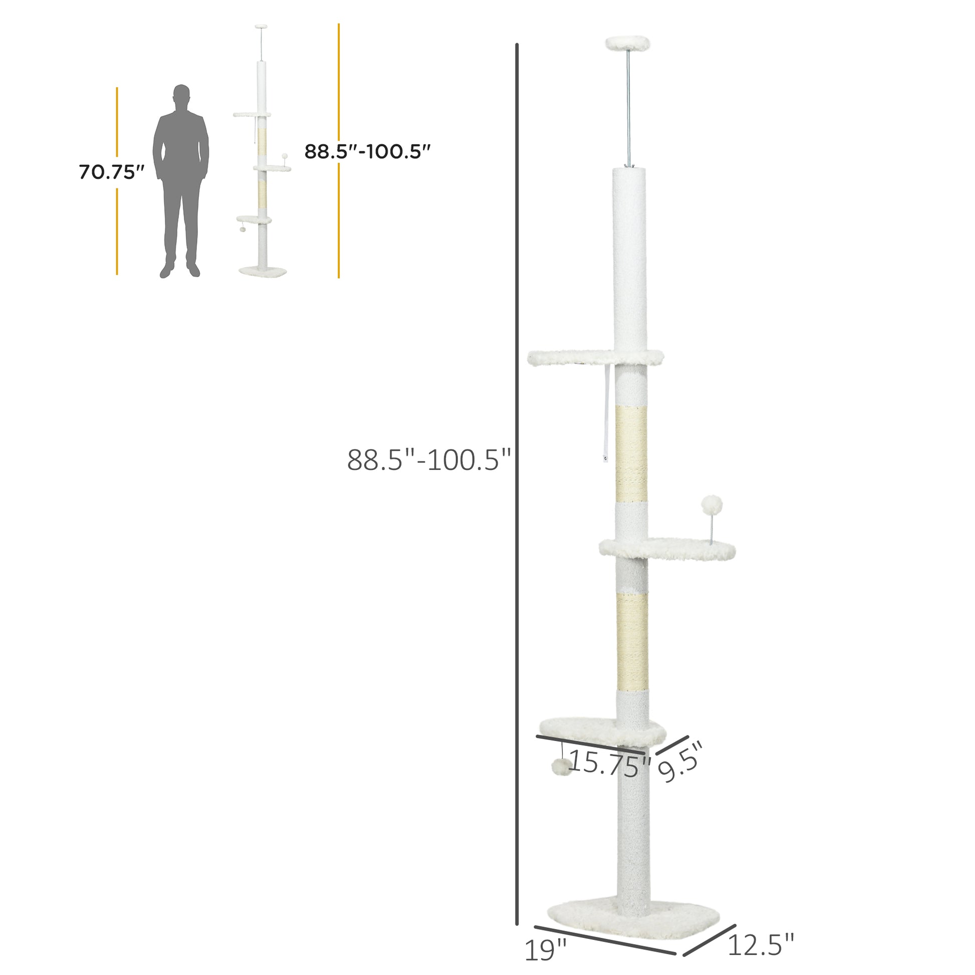 Floor to Ceiling Cat Tree, 8.4 Foot Adjustable Height, White - Features and Details