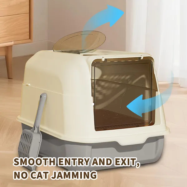 Extra Large Dual Entry Cat Litter Box, Convertible Open and Enclosed, Gray - Side Angle