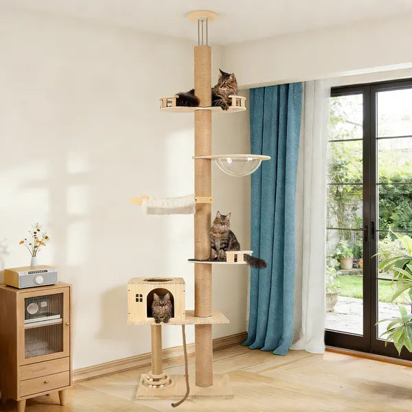 Floor to Ceiling Cat Tree, 6 Level Adjustable Climbing Tower with Hammock - Main Product Image