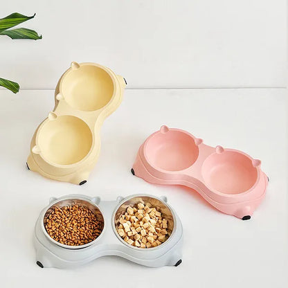 Dual Stainless Steel Pet Bowls 600ml, Non Slip, Dishwasher Safe, Macaron Pink - Side Angle