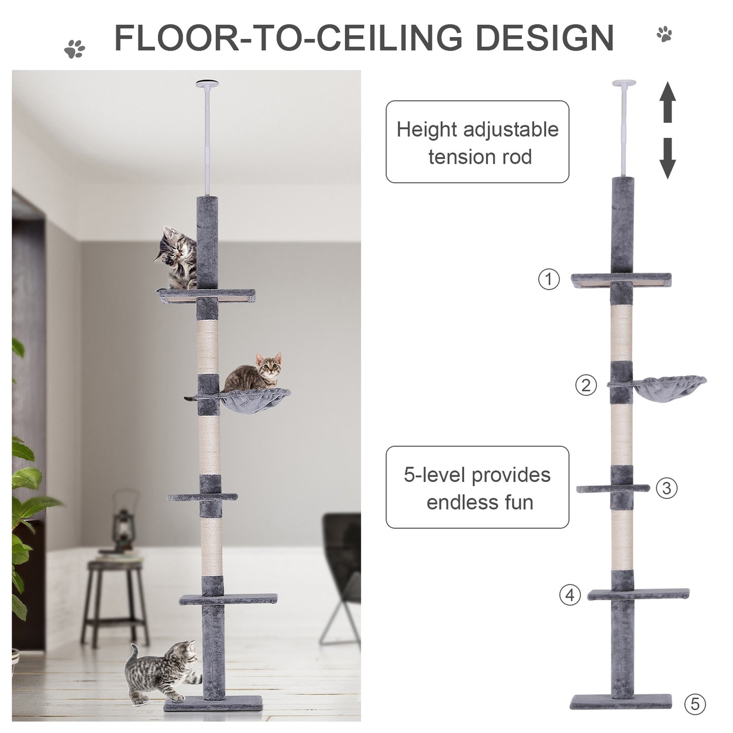 Adjustable Floor to Ceiling Cat Tree, 5 Level Tower with Scratching Posts and Hammock - Features and Details