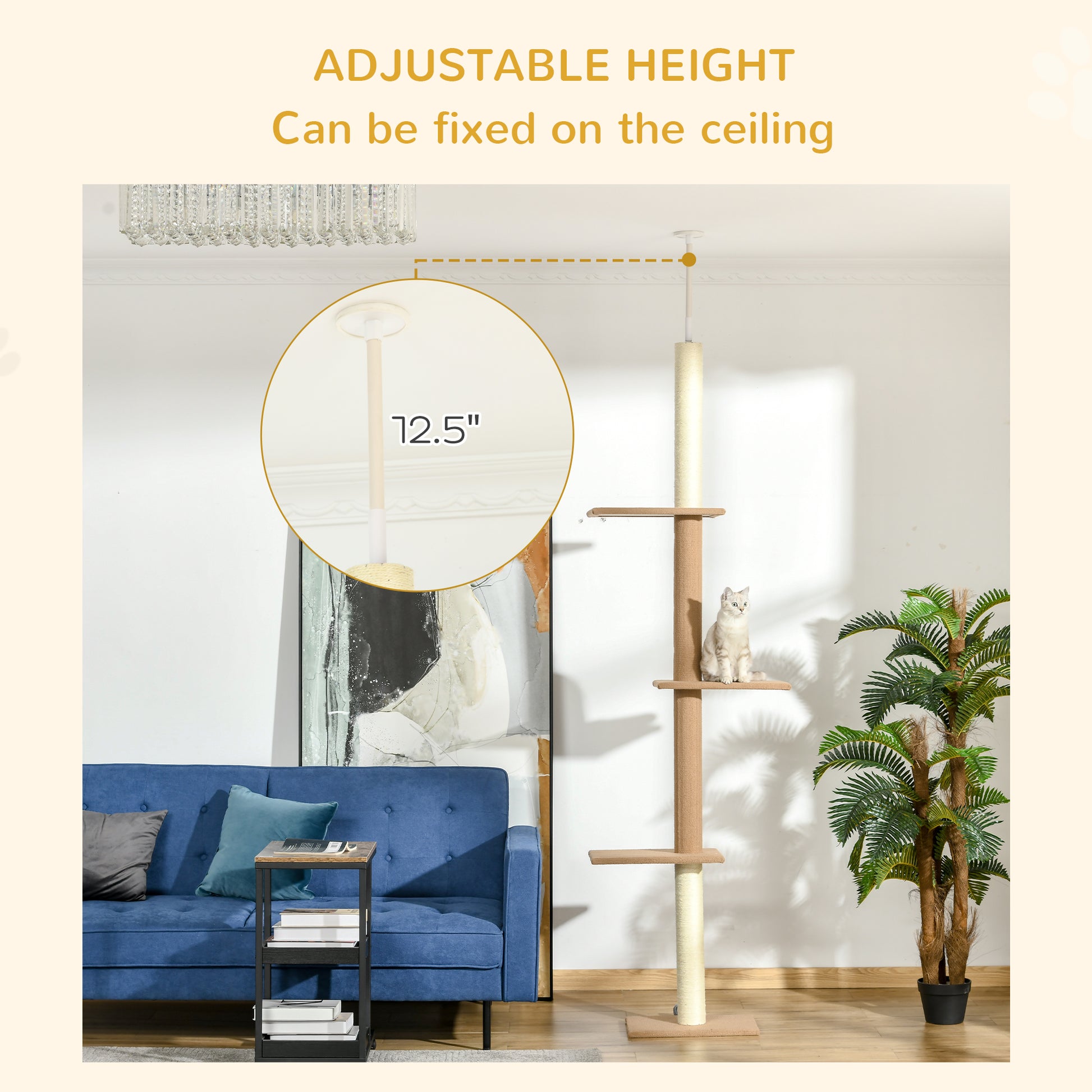 Floor to Ceiling Cat Tree with Sisal Scratching Posts, Natural Wood Activity Center - Image 7 of 9