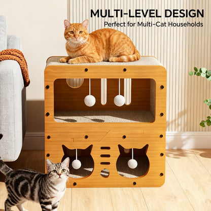 Double Layer Cat Scratcher Sofa with 4 Teaser Balls, Cat Head Design - Side Angle