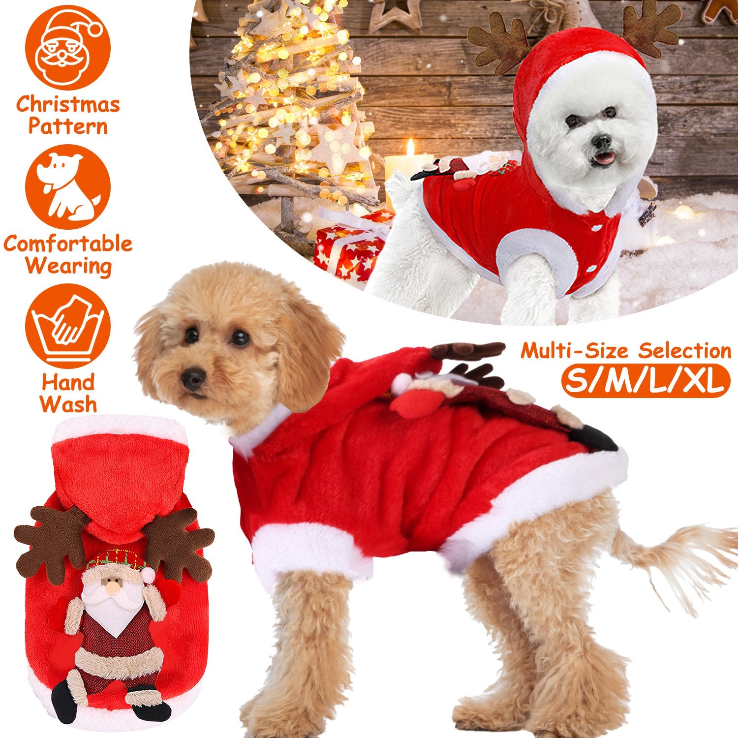 Pet Christmas Costume, Santa Claus Reindeer Outfit for Small and Medium Dogs and Cats - Main Product Image