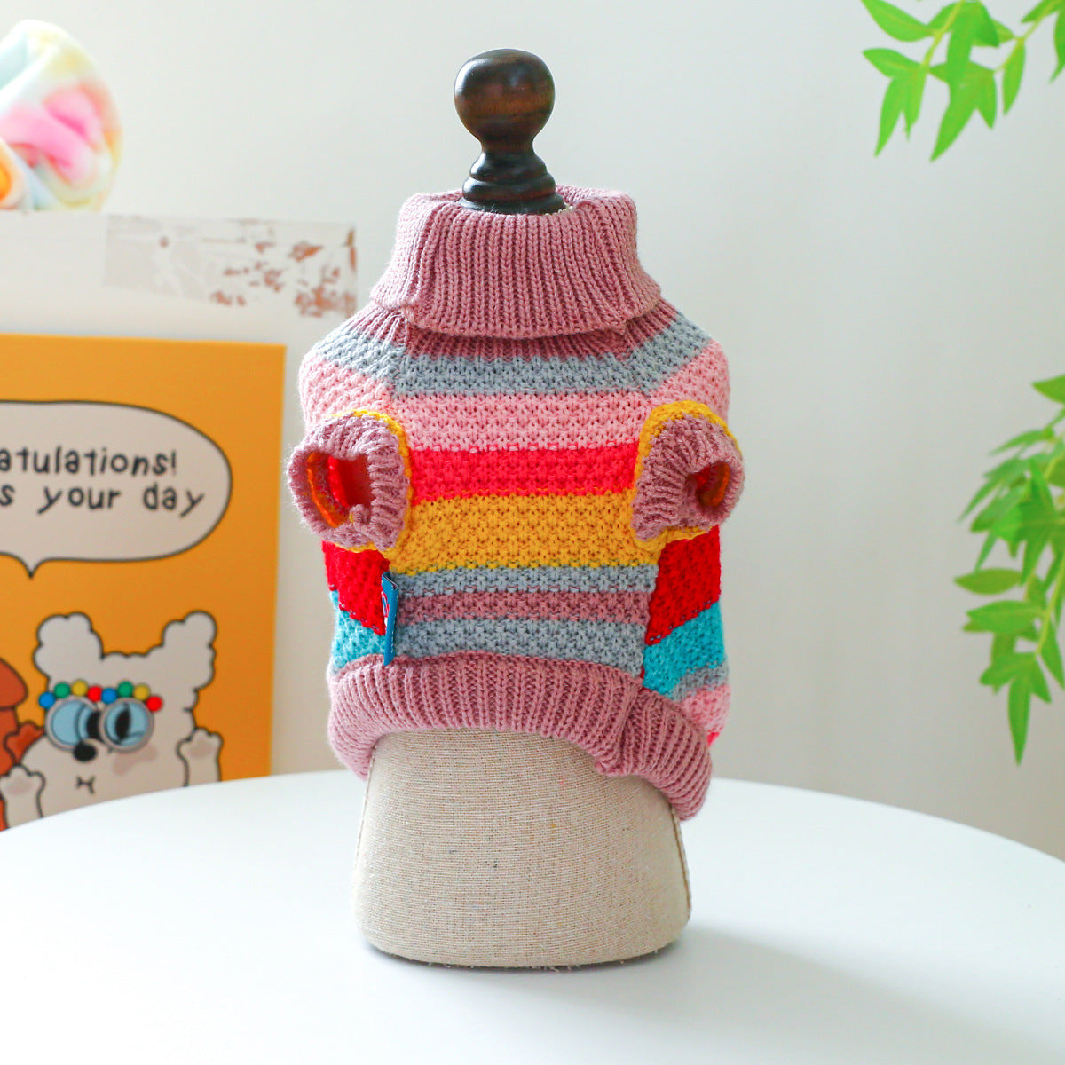 Colorful Striped Pet Sweater, Warm Knit Pullover for Dogs and Cats - Side Angle
