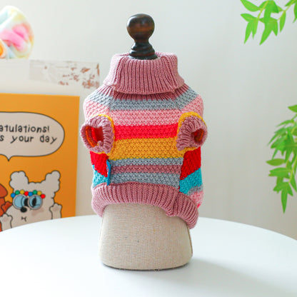 Colorful Striped Pet Sweater, Warm Knit Pullover for Dogs and Cats - Side Angle